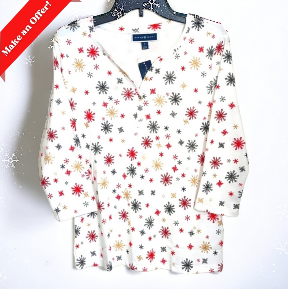 Karen Scott Holiday Top! Brand New! Half-Sleeve Style. Size: Petite-Large (PL)